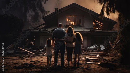 family in front of a home destroyed by a storm 