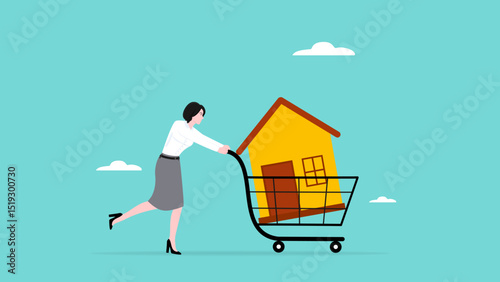 buy a house concept with businesswoman pushing shopping cart containing house, real estate concept vector illustration