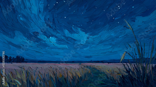 poster for night-themed gallery | sacred solitude | lonely peace | vermilion and indigo | asymmetric rhythm | wheat fields | short choppy lines | broken brushwork | night sky contemplation |