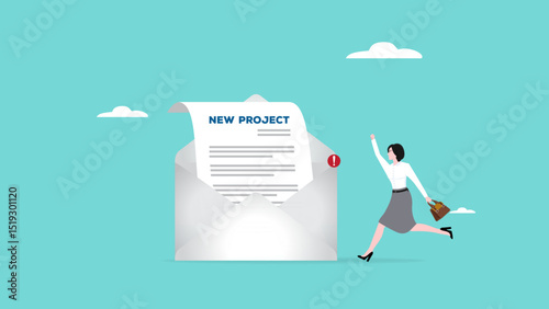 get new project from email with businesswoman jumping happily next to email envelope notifying new job, job offer or new opportunity from email concept, human resources, vacancy or hiring illustration