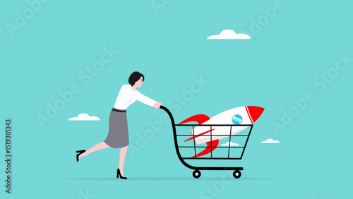 investing in startup business illustration, buy startup business investment shares, buy stock market profitable business startup, businesswoman pushing shopping cart containing startup business rocket