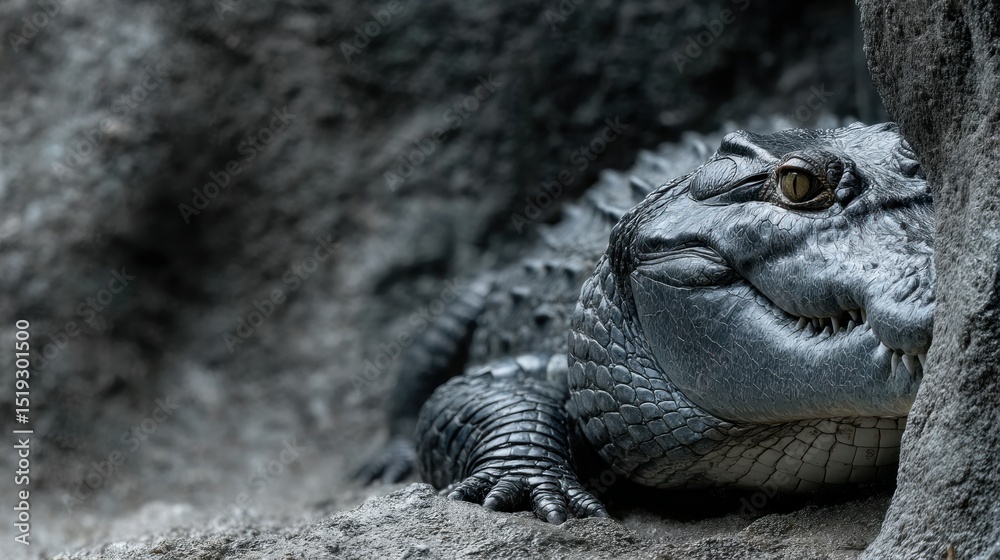 Fototapeta premium Caiman's eye peeks from rocky shelter