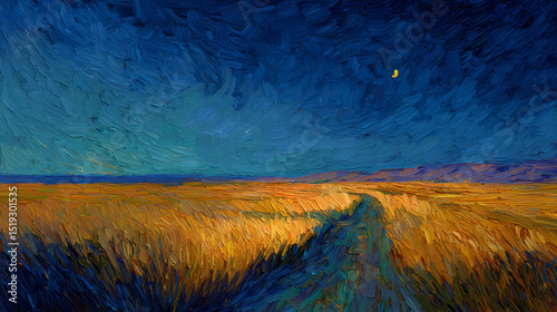 poster for night-themed gallery | sacred solitude | lonely peace | vermilion and indigo | asymmetric rhythm | wheat fields | short choppy lines | broken brushwork | night sky contemplation |
