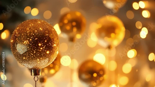 gold glowing christmas balls with sparkling lights and holiday mood