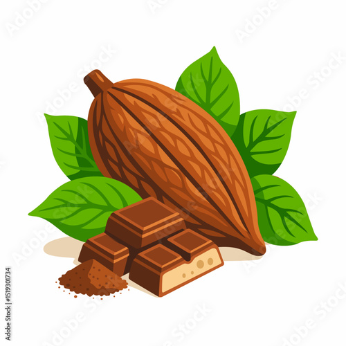 A cocoa pod with green leaves, chocolate bars, and cocoa powder.