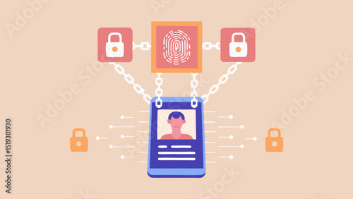 Smartphone connected to fingerprint and lock icons with chains representing blockchain network security