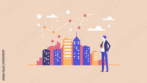 Man in suit observing a city skyline with an upward trending line graph in the background view
