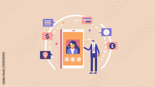 Illustration of a business meeting on a phone with dollar signs and message bubbles around it