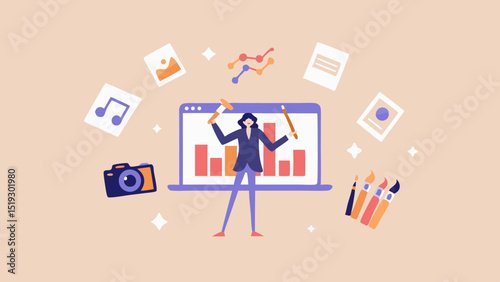 Woman juggling tools in front of a laptop with bar graph and floating media icons around her head