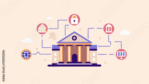 Illustration of a bank building connected to various icons via lines on a light background