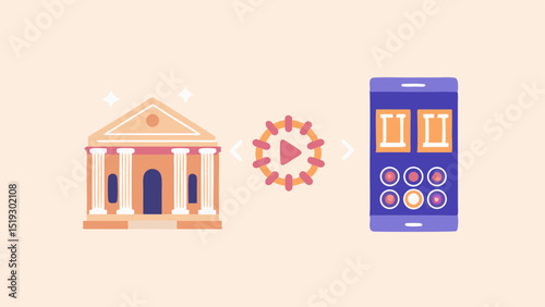 Illustration of a bank building, play button, and a smartphone with a user interface display