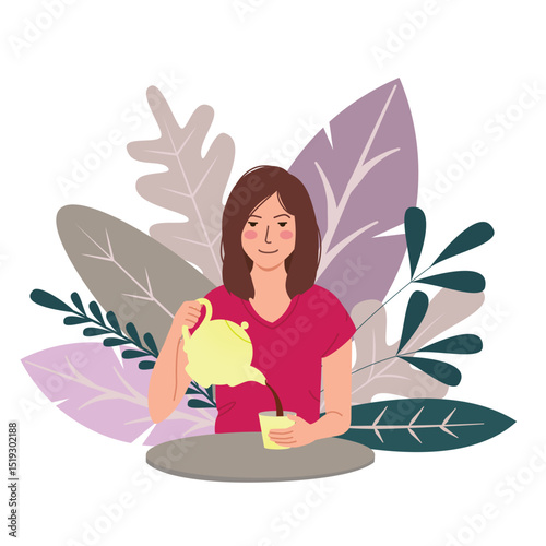 Woman Pouring Tea into Cup Vector Illustration