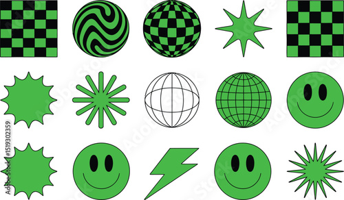 Groovy green abstract shapes and smiley faces creating a retro and stylish vector design with repeating patterns