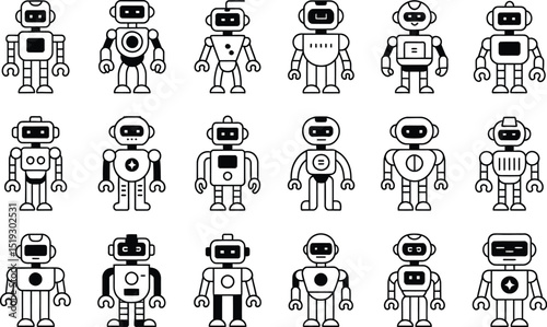 Collection of vector illustrations featuring simple and minimalist robots in various designs suitable for technological projects
