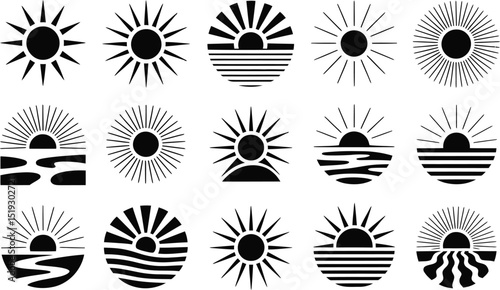 Set of various black and white sun and sunrise vector icons designs for graphic and web design elements