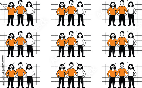 Simple illustrated composition depicting a group of three diverse people standing together on a grid background