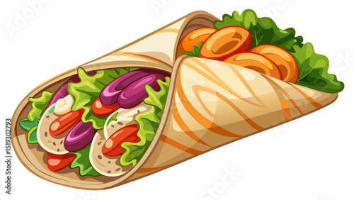 Close-up of a whole wheat wrap filled with creamy hummus, crunchy carrots, cucumbers, lettuce, and red cabbage, drizzled with tahini sauce, resting neatly on a clean white background.