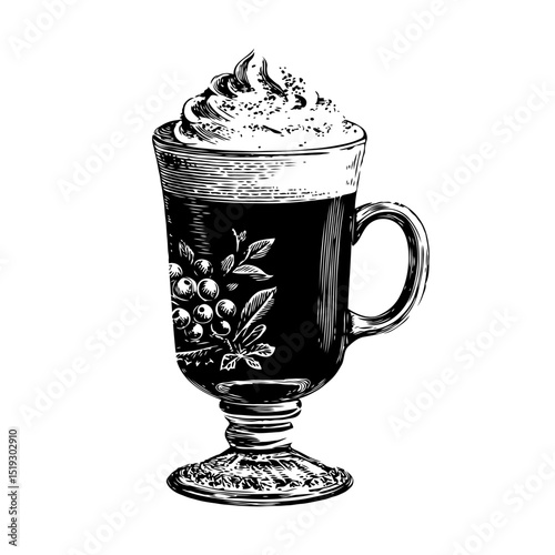 Detailed hand-drawn Irish coffee in ornate glass mug, topped with whipped cream, on white background, concept of vintage beverage decor