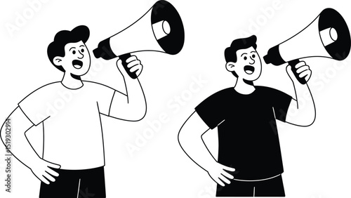 Two men using megaphones to amplify message or make announcement in black and white style.