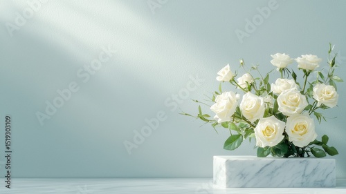 Elegant Bouquet of White Roses on Marble Block with Sunlight bouquet elegant sunlight white roses