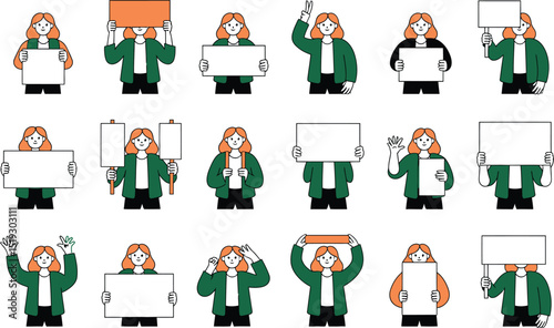 A collection of diverse poses featuring a woman holding blank signs with various gestures and expressions for communication and marketing.