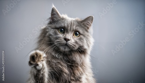 Grey Kitten with Fluffy Fur Displaying Playful Eagerness, Portraying a Charming Scene of Innocence and Softness, Perfect for Pet Lovers and Art Enthusiasts Alike.