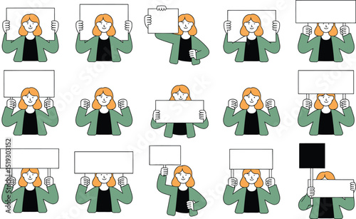 Smiling woman holding blank signs in various poses representing communication marketing and announcement concepts.
