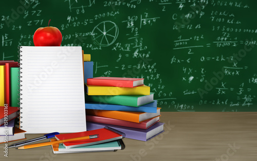 Back to school. Green chalkboard background. School supplies. Stacks of books with notepad, stationery and apple on blackboard background. Copy space, place for text. 3D render, 3d Illustration