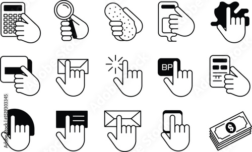 Collection of simple black and white outline icons depicting hands interacting with various objects