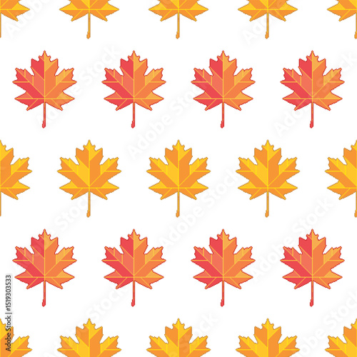Autumn maple leaves seamless pattern. Pixel art style vector background.