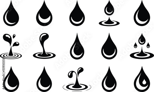 Collection of stylized black water drops with ripple effects depicting various splash animations on white background