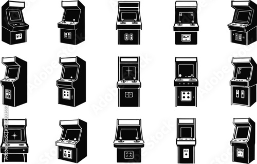 Collection of retro arcade machine silhouettes displaying classic gaming cabinets and entertainment devices in vector illustrations