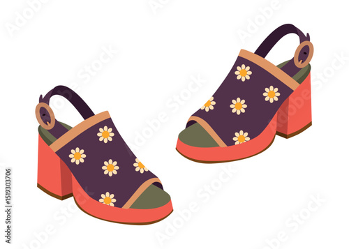 Vector illustration of stylish slingback high heels with vibrant floral pattern and chunky heels. The colorful design features daisy prints, ideal for fashion and design projects.