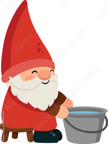 Happy Garden Gnome with a Water Bucket