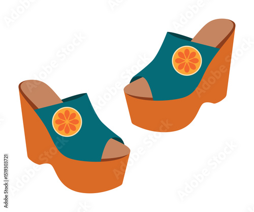 Isolated vector illustration of stylish orange wedge sandals with floral accents. The design showcases vibrant colors and a retro vibe, highlighting creative footwear fashion concepts.