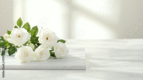 Elegant White Roses Bouquet on Marble Surface with Sunlight Shadows bouquet elegant sunlight flowers