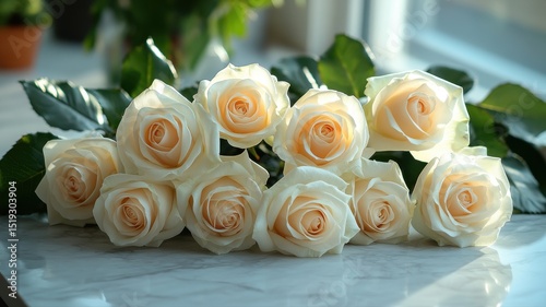Elegant Bouquet of White Roses in Sunlight on Marble roses bouquet sunlight elegant flowers floral