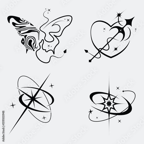Y2K Retro futuristic elements vector for T-Shirt street wear fashion design