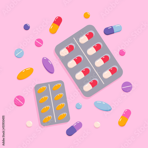Vector set blister pack of various pills, drugs or vitamins. Capsules and tablets for treatment of diseases. Healthcare, pharmaceutical or medical concept. Hand drawn cartoon illustration, flat design