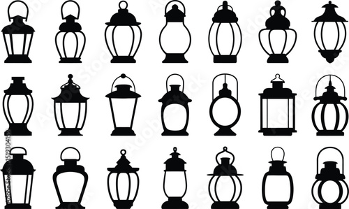 A collection of vector lantern silhouettes in black offering diverse shapes and designs for various creative projects