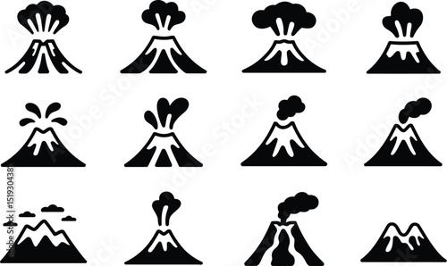 Set of stylized black and white volcano icons depicting eruptions with smoke clouds and ash for educational resources