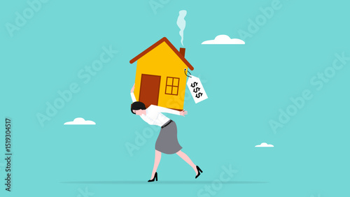 house mortgage overpay concept, real estate payment overprice, Property payoff to credit concept, depressed office worker man carrying house with expensive price tag vector illustration