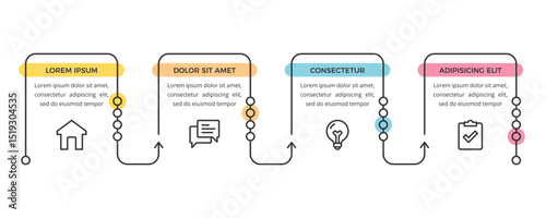 Minimal flat linear infographic template with four connected steps for process visualization, vector eps10 illustration