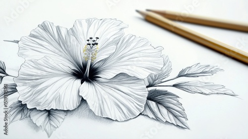 Detailed Pencil Drawing of White Hibiscus Flower with Pencils on Paper hibiscus flower drawing paper