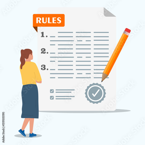 Businesswoman looking for approval of rules document. Concept of regulation standars, company policy, corporate law and business ethics.