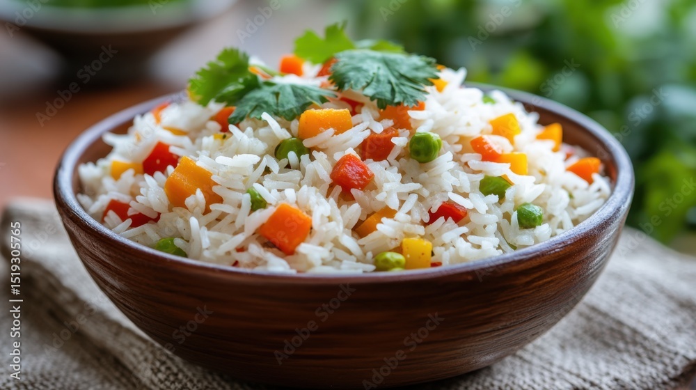 Aromatic rice dish with a rainbow of vegetables and hot sauce, fresh cilantro garnish