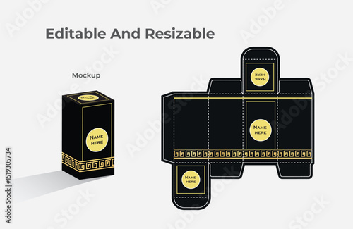luxury perfume die line box template with 3d mockup Black color perfume box die line template