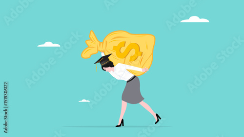 high education costs, debt burden for college education costs, students with graduation caps carrying huge educational debts vector illustration