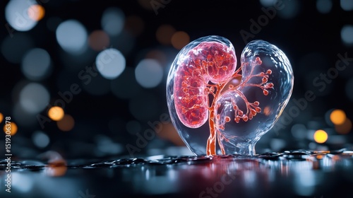 Artistic representation of kidney in 3D, illuminated with scientific accuracy on black canvas
