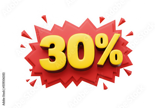 Flash Sale Alert! Explosive 3D Render of 30 Percent Discount on a Red Starburst for Eye-Catching Marketing Campaigns 3